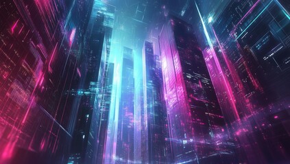 Neon city lights illuminate tall buildings.