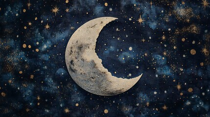 A crescent moon with jagged edges, surrounded by twinkling gold stars on a deep blue, textured canvas.