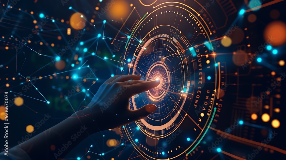 Poster hand interacting with futuristic technology interface with glowing lights and lines.