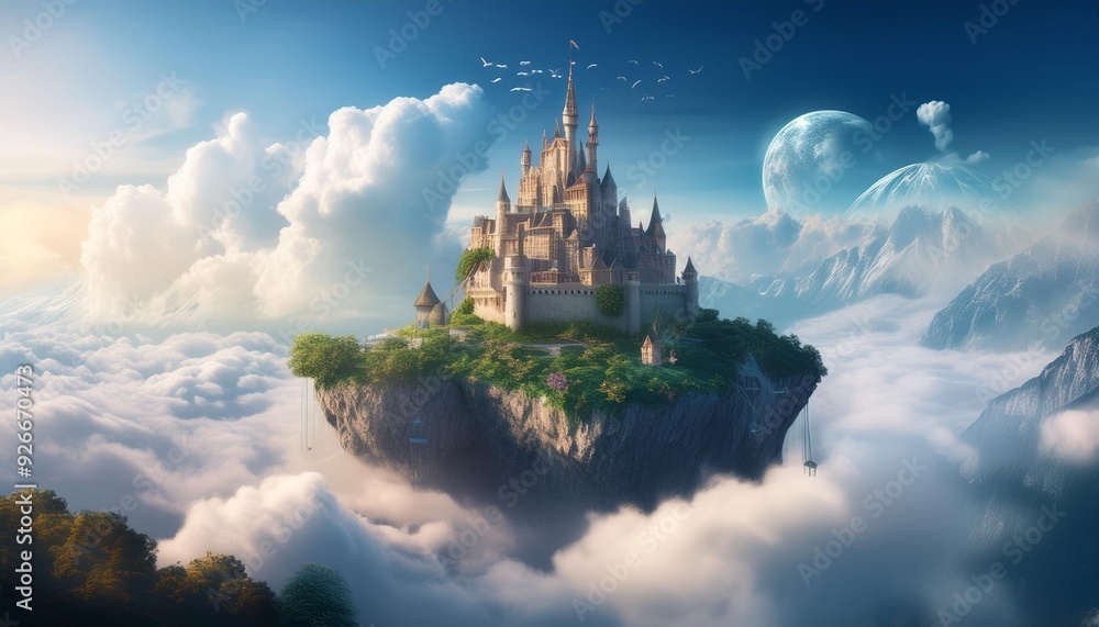 Wall mural fantasy island floating in the sky with enchanted castle surrounded by clouds and mysterious beauty