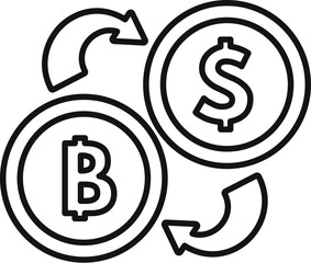 Bitcoin cryptocurrency is exchanging with dollar currency, simple black and white outline icon for apps and websites
