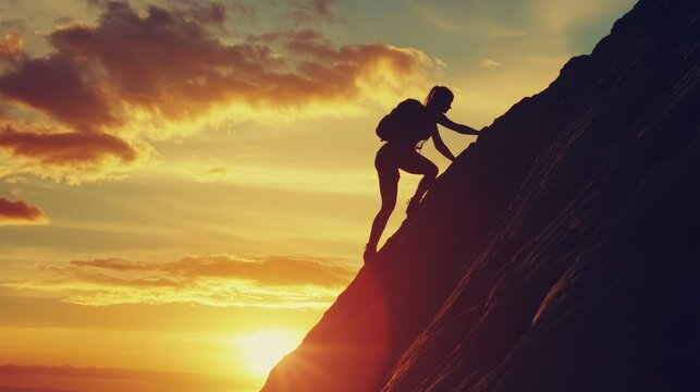 Conquering Heights of Success - A Man Achieving Personal Goals by Climbing a Mountain and Reaching Milestones