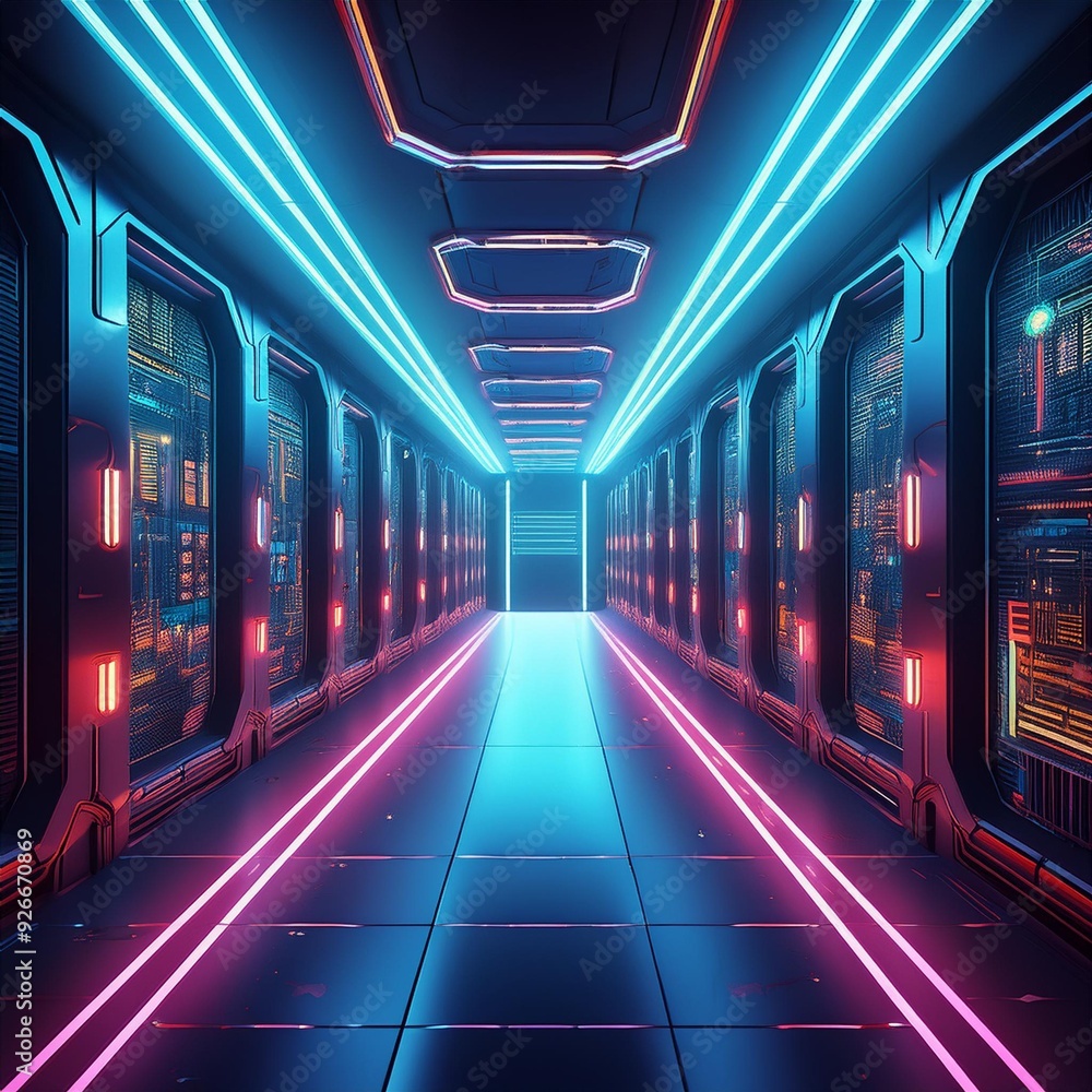 Poster futuristic neonlit hallway in a hightech data center with cyberpunk vibes and tech savvy design
