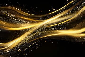 Golden waves of light flowing against a black background. The image creates a luxurious, elegant effect, ideal for high-end designs or festive concepts.