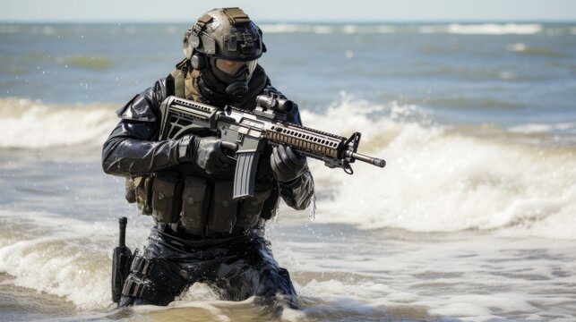 Special forces soldier in combat gear with rifle standing on seashore in full length portrait