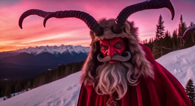 krampus the christmas demon in snowy mountain forest with pink sunset