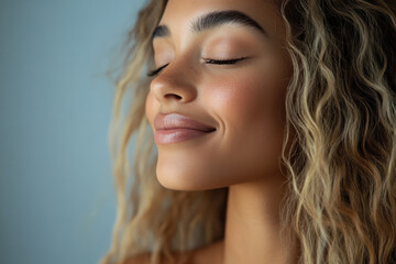 Fototapeta premium A close up of a black woman's face with her eyes closed and long blond hair