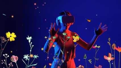 Beautiful Asian woman with VR metaverse interacting with virtual neon flowers playing to blow butterfly new neon blossom on blue background 3D pollen graphic floating meta garden world. Hallucination.