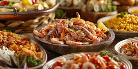 Obraz premium A delicious spread of seafood dishes featuring shrimp, salads, and grains, perfect for a festive gathering.