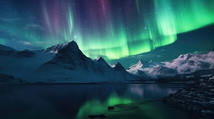 Naklejka premium Nighttime Tranquility: Aurora over Frozen Glacier Reflecting Dramatic Sky