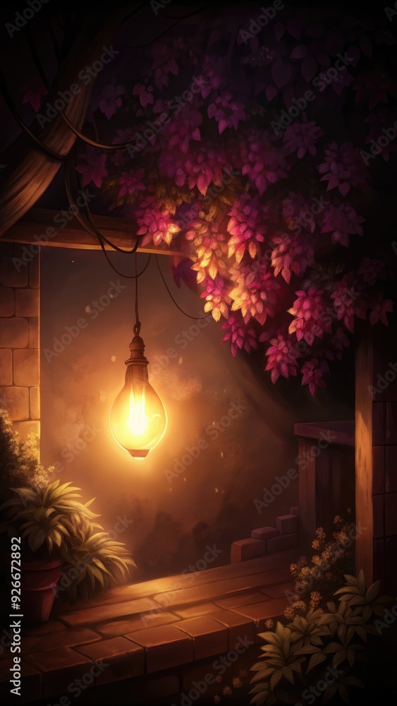 Poster Enchanting night scene with a glowing lantern.