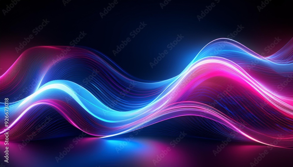 Poster glowing blue and pink lights creating a vibrant wave pattern on a dark background for artistic desig