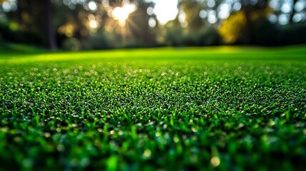 Naklejka premium A close up of a green grass field with the sun shining through the trees