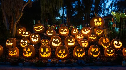 A group of jack-o-lanterns are lit up in the dark in a garden