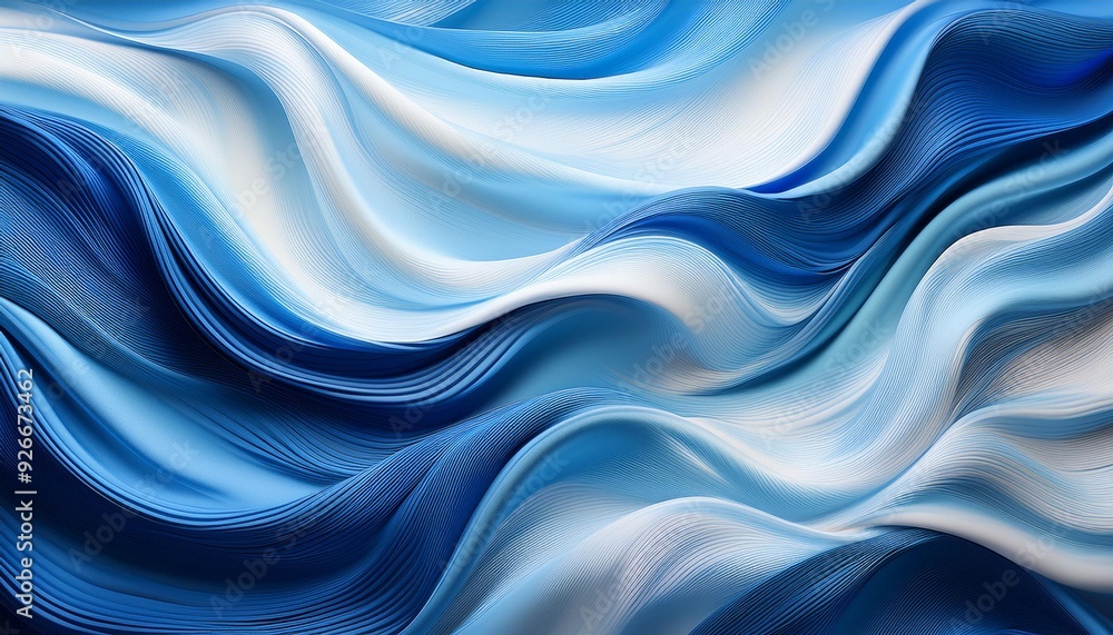 Poster flowing blue and white wavy fabric texture with abstract wave patterns for fashion design and art in
