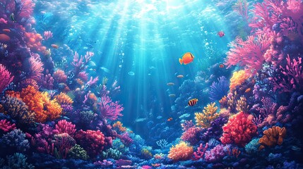 Naklejka premium Vibrant Coral Reef Wonderland, a colorful underwater ecosystem teeming with diverse marine life, showcasing brilliant coral formations and a variety of exotic fish swimming gracefully.