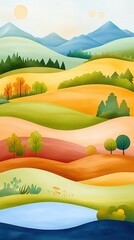 Environmental study, landscape divided into sections showing different ecosystems, vibrant hues, Watercolor style