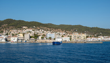 Spetses island, Greece. Seafront buildings view from the sea