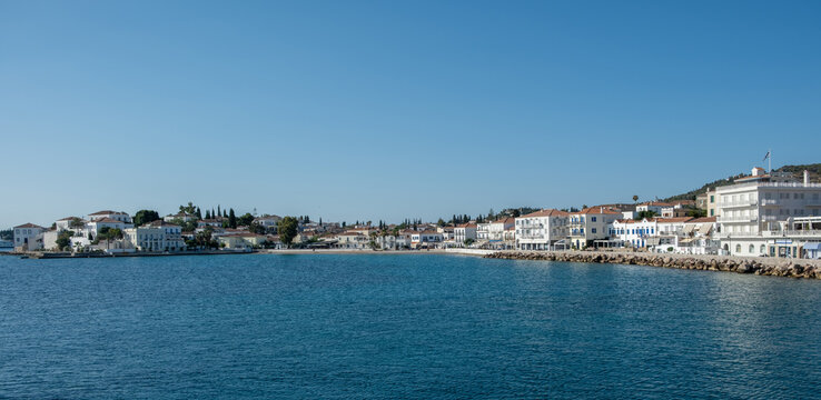 Spetses island, Greece. Seafront buildings view from the sea