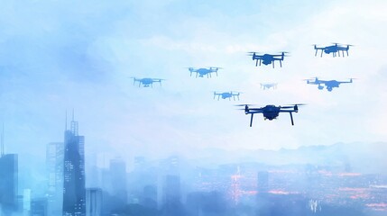 Autonomous drones, swarming in a coordinated pattern over a futuristic city, dynamic composition, Watercolor style