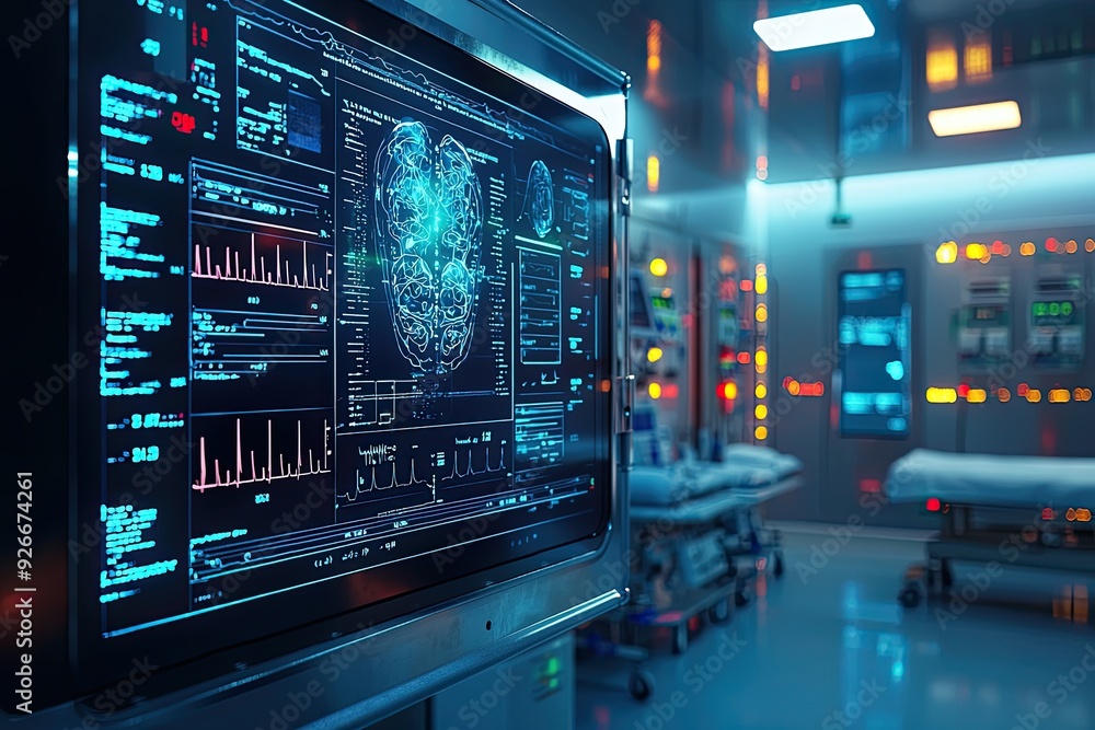 Poster ai healthcare innovation, a digital interface displays advanced algorithms interpreting medical data