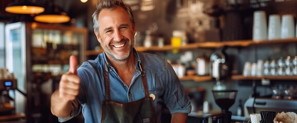 Happy barista with thumbs up in a coffee shop.