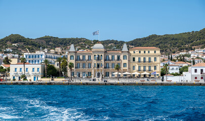 Spetses island, Greece. Seafront buildings view from the sea