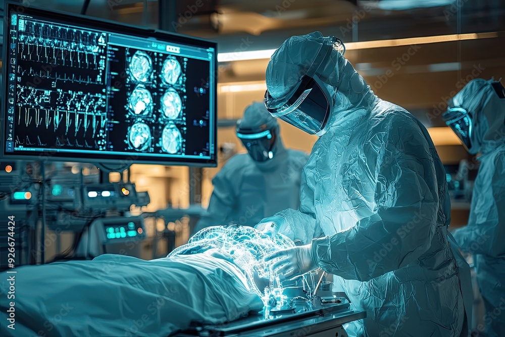 Poster ai-enhanced robotic surgery in a cutting-edge operating room, featuring advanced holographic data di