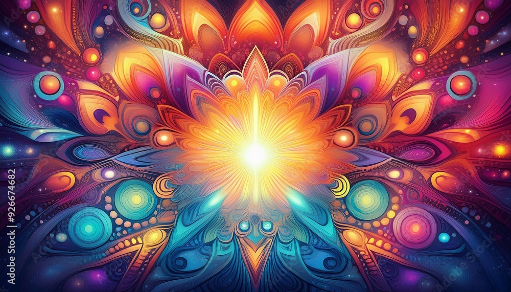 Poster colorful abstract background with various shapes and colors and bright light shining from center