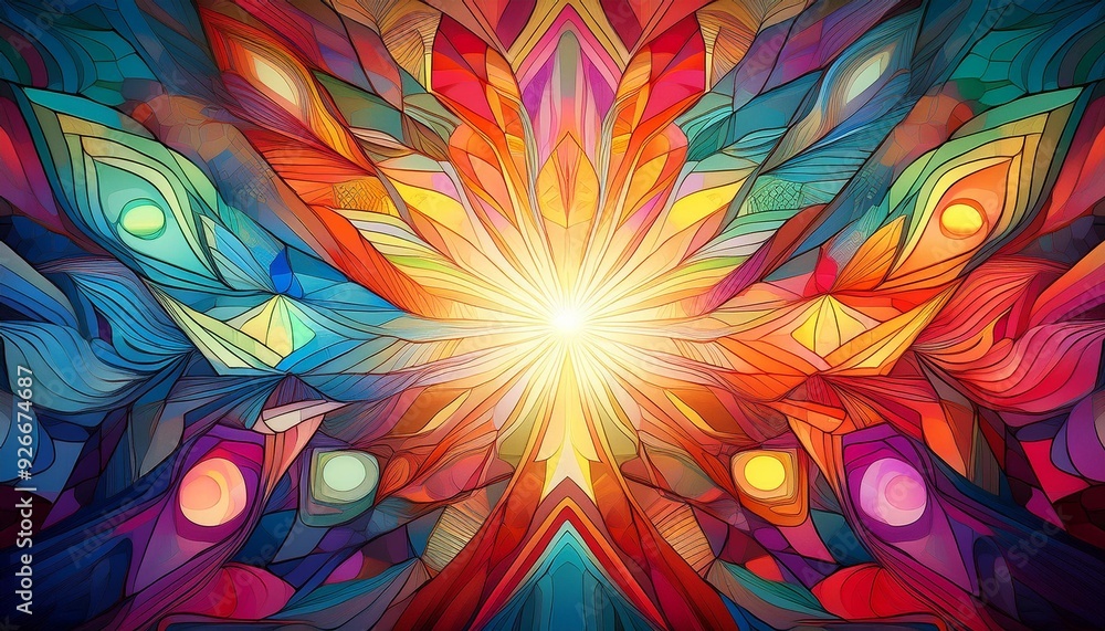 Poster colorful abstract background with various shapes and colors and bright light shining from center