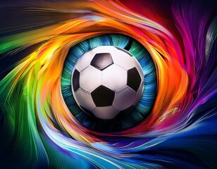 Colorful swirls around soccer ball on abstract background with travel vibes and artistic flair
