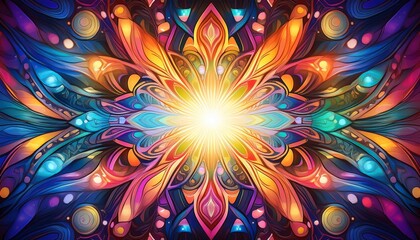 Colorful abstract background with various shapes and colors and bright light shining from center