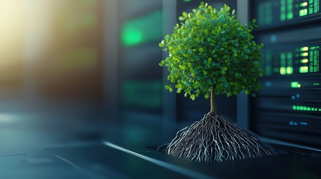 A digital tree with roots in a secure server, symbolizing the growth and stability of protected networks