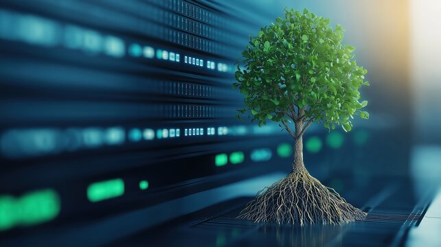 A digital tree with roots in a secure server, symbolizing the growth and stability of protected networks