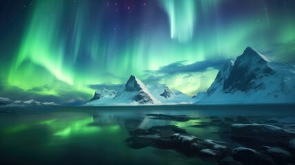 Naklejka premium Nighttime Tranquility: Aurora over Frozen Glacier Reflecting Dramatic Sky