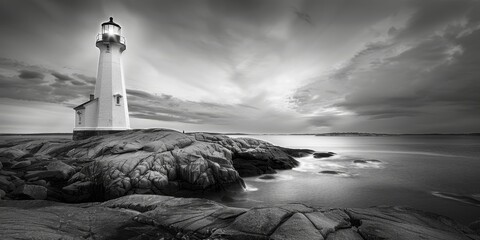 A majestic black and white lighthouse standing on rocky shores under dramatic skies, guiding ships with its light.
