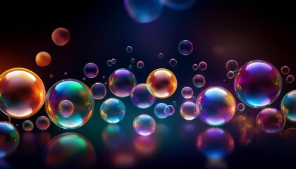 Colorful soap bubbles floating in the air on a dark background, beautiful and dreamy image for art and beauty concept