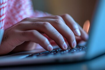 Close-up of a hand typing on a laptop keyboard.