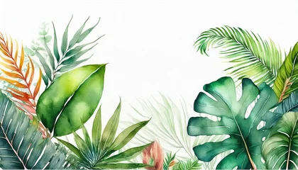 Fotobehang Tropical plants watercolor illustration on white background with space for text, perfect for travel and art themes © Donald
