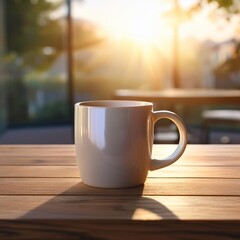 Obraz premium Coffee / tea mug on a wooden table in the morning light