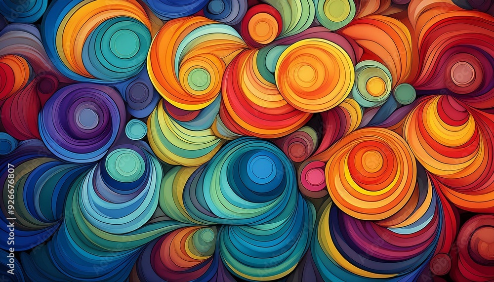 Poster vibrant multicolored circle pattern overlapping in a harmonious and artistic display of color and fo