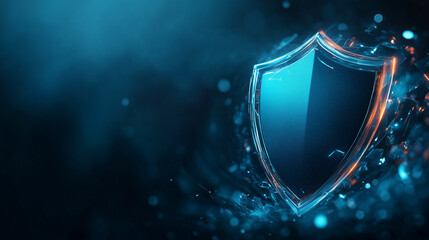 A sleek, high-tech shield with glowing edges hovers against a dark, abstract background with blue and orange digital sparks. The image conveys themes of cybersecurity
