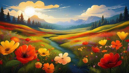 Beautiful Field of Red, Orange, and Yellow Flowers A Serene Landscape Painting in Lush Greenery
