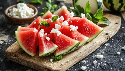 Watermelon, feta cheese, mint, and salt on a wooden board.