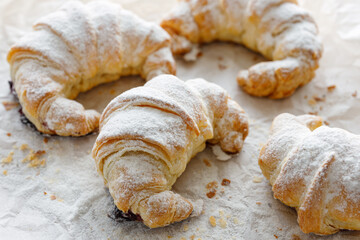 Croissants sprinkled with powdered sugar, close-up. 