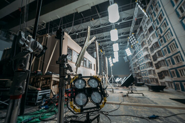 Film set, monitors and modern shooting equipment. The scenery for the film