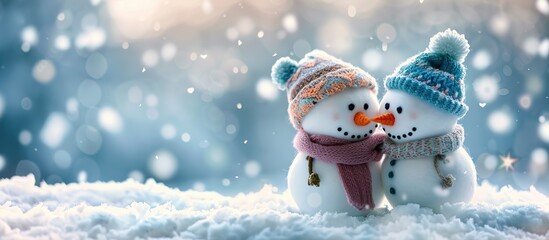 Snowmen in knitted fabric stand cheerfully on white snowy ground with falling flakes