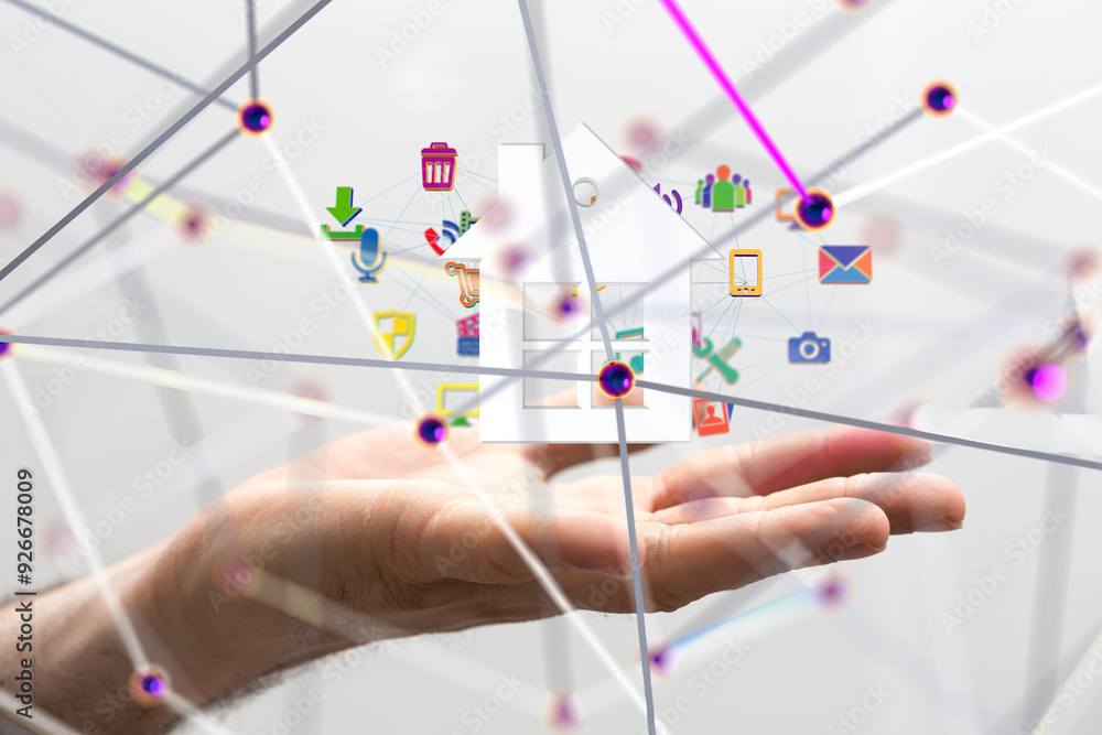 Poster home data. Digital cyberspace with particles and Digital data network connections concept. - 3d