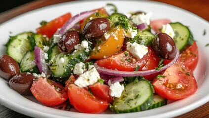 Greek salad with tomatoes, cucumbers, olives, and feta.