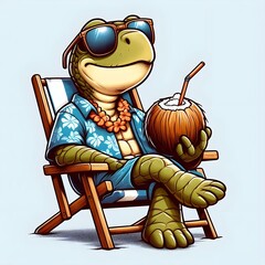 3D Turtle on holiday resting in a folding chair